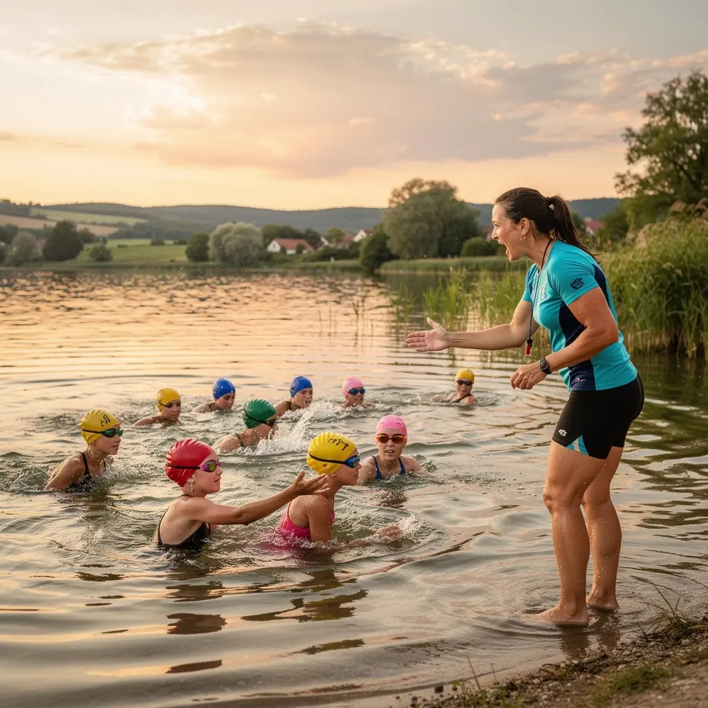Úszó edzés közben, fókuszban a vízfelszínen való mozgás technikája.