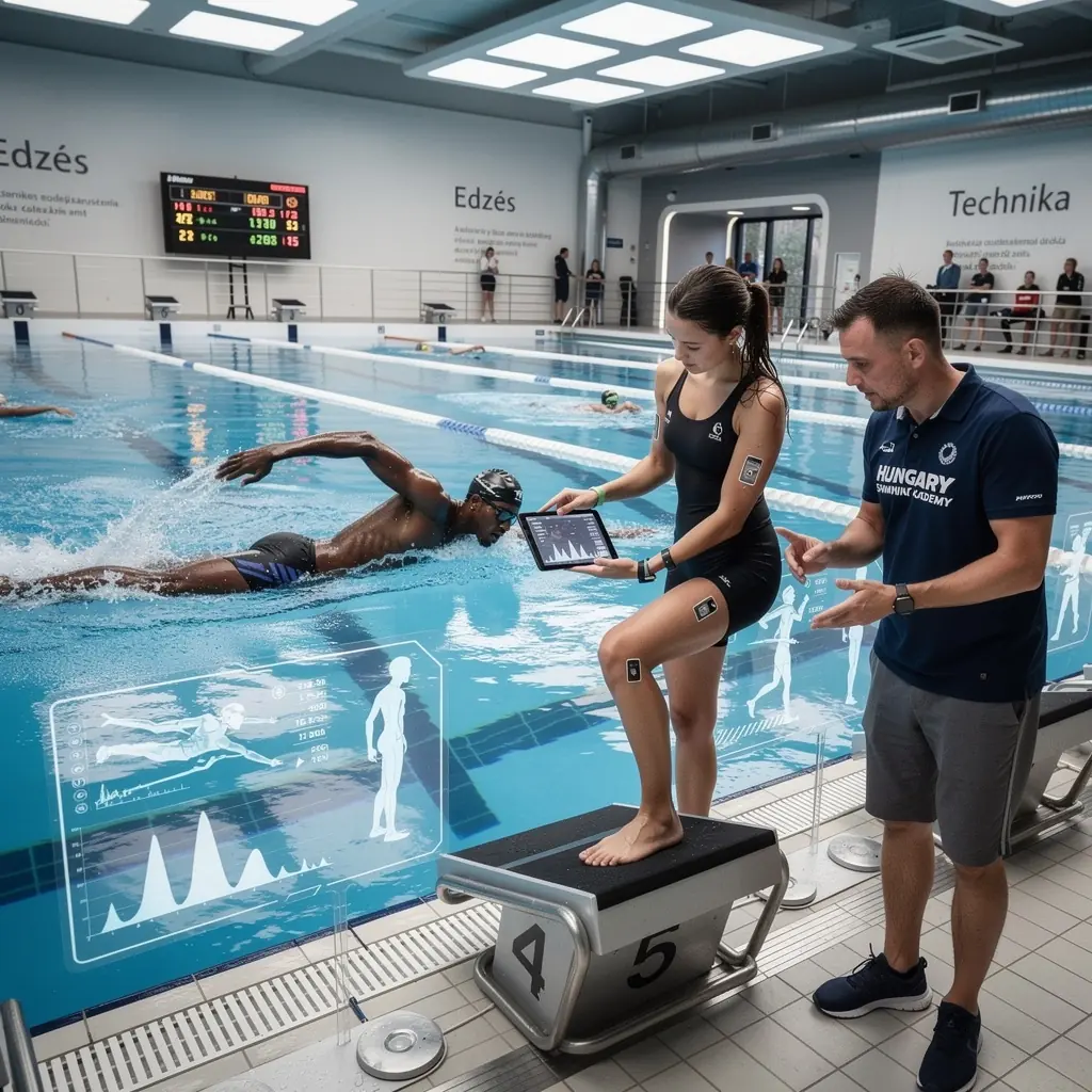 Csoportos úszásfoglalkozás, ahol a versenyzők a stílusokat tanulmányozzák.