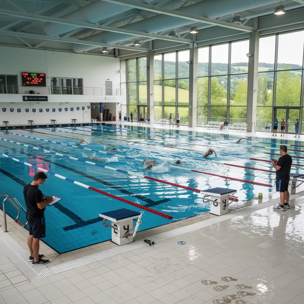 Csoportos úszás edzés, ahol versenyzők együtt dolgoznak a technikájuk fejlesztésén.