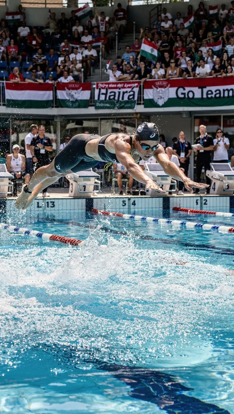 Egy úszó a célban, aki éppen megnyeri a versenyt, boldog arccal és emelt karokkal.
