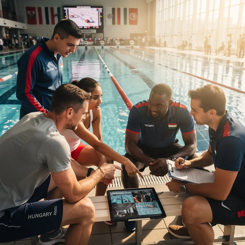 Csoportos úszás edzés, ahol versenyzők együtt dolgoznak a technikájuk fejlesztésén.