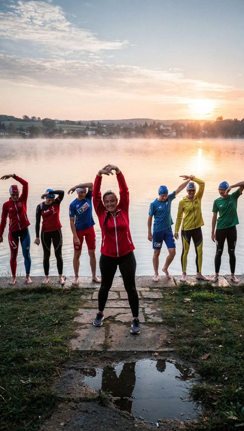 Csoportos úszás edzés, ahol versenyzők együtt dolgoznak a technikájuk fejlesztésén.