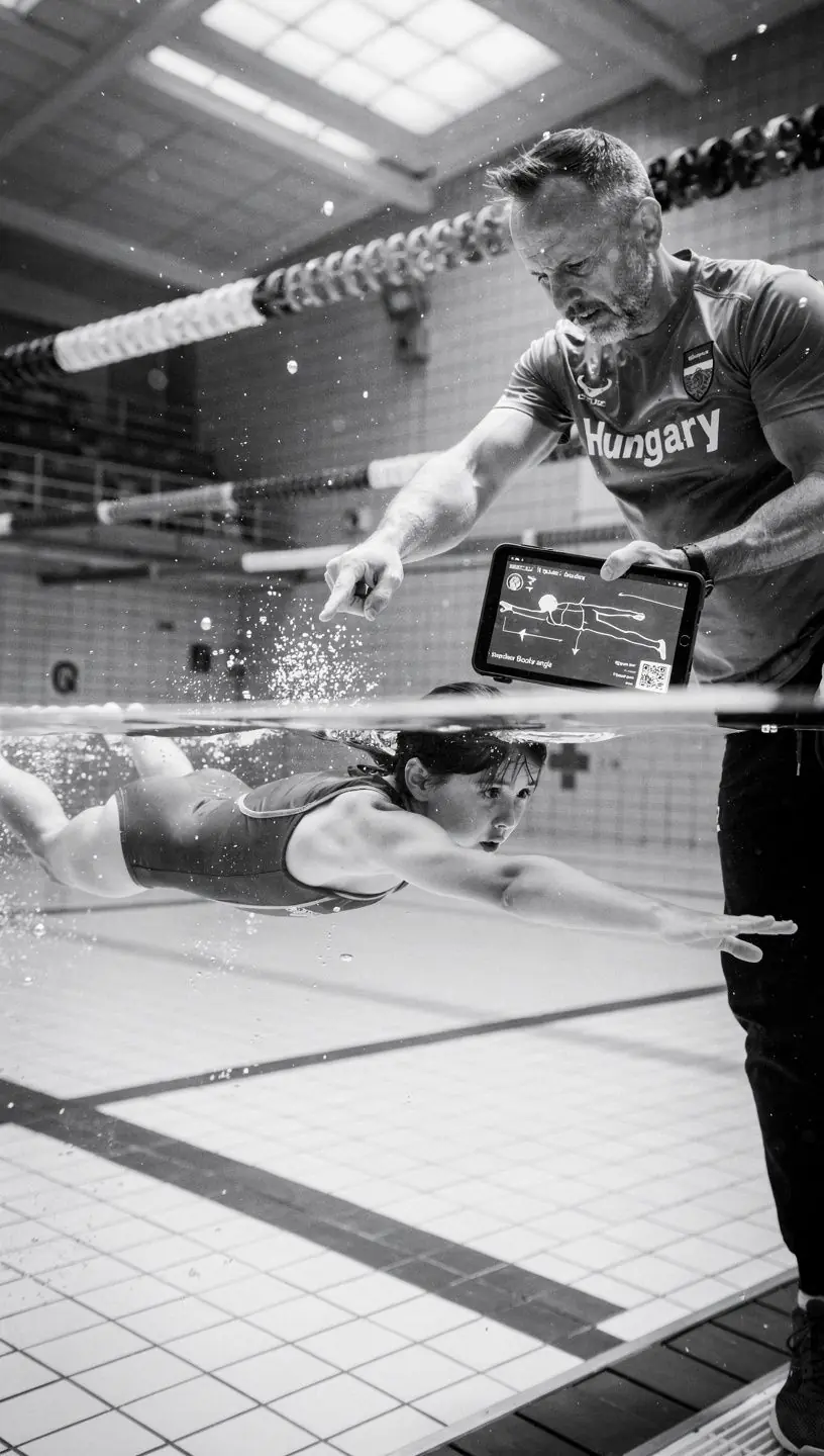 Csoportos úszás edzés, ahol versenyzők együtt dolgoznak a technikájuk fejlesztésén.