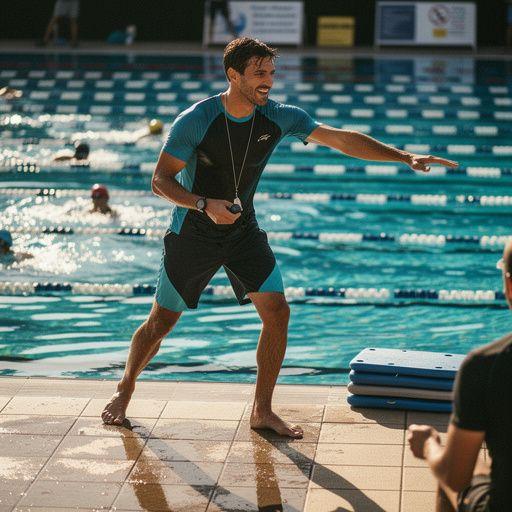 Felnőtt úszók, akik a verseny előtti bemelegítést végzik a medencében.